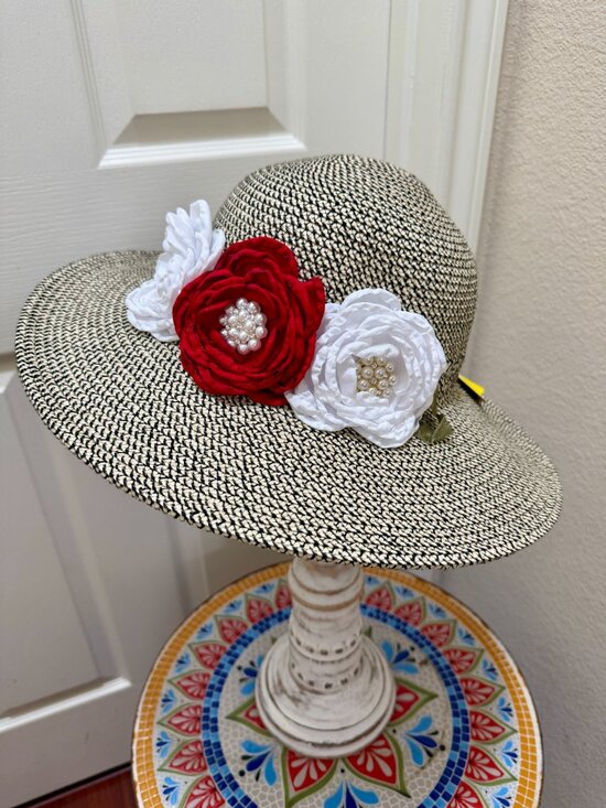 Elegant Women\'s Tweed Sun Hat With Satin Flowers And Pearls Wedding Tea Party